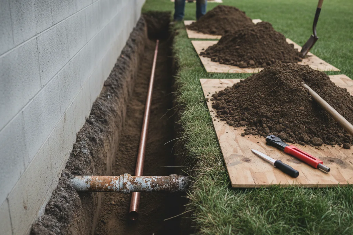 Excavated water line trench during Water Heater Repair in Bennington